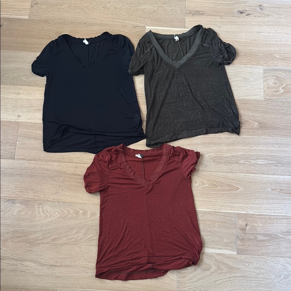We the Free Trio of V‑Neck Short Sleeve Tees - Black, Olive, Burgundy